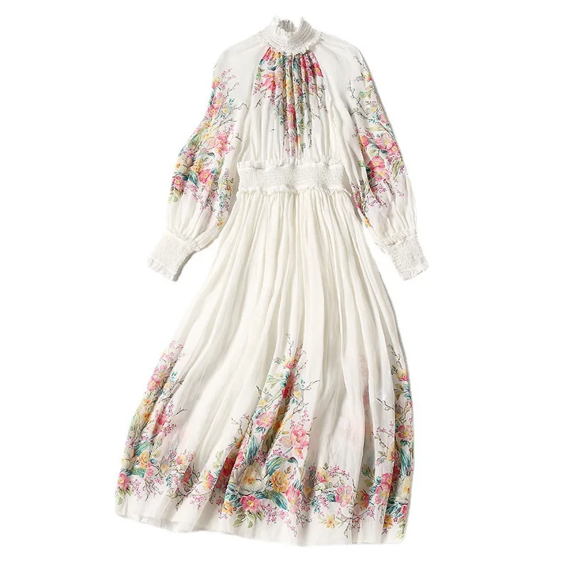 

2021 White Spring/Summer Women's Middle Dress Bubble Sleeve Position Printing Sexy High Waist Thin Ramie Dress