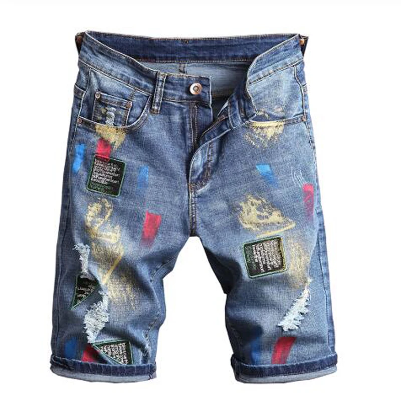 

New Men's male fashion casual badge embroidery colored painted denim shorts Summer holes ripped jeans Slim straight breeches