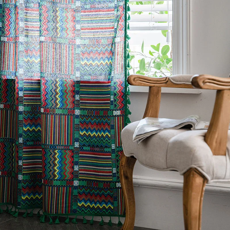 Занавес-волна в американском стиле синего и зеленого цвета хлопковая льняная