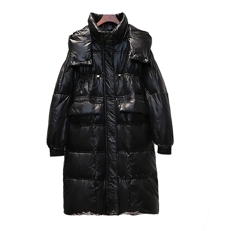 

FTLZZ 2020 New Winter Women Zipper Stand Collar Long Down Parkas 90% White Duck Down Black Coat Hooded Thickness Warm Outwear