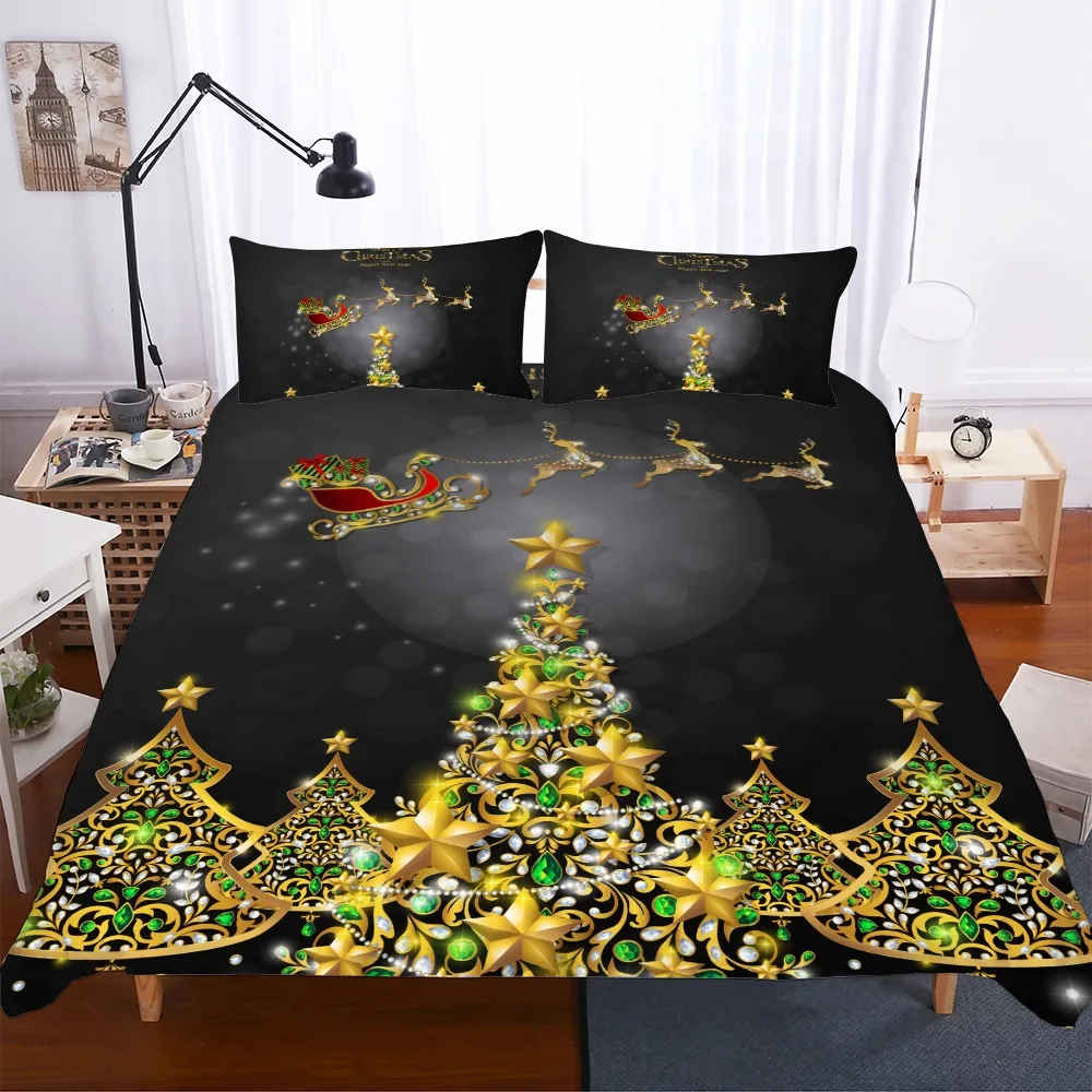 Black Bedding Set Diamond Decorated Gold Christmas Tree Deer Shine Soft Duvet Cover Pillowcase Home Room Decor Comforter Shell | Дом и сад
