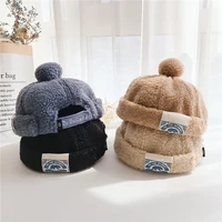 japanese style pure color childrens label plush ball melon cap chinese landlord hat fashion childrens baby flannel warm hat