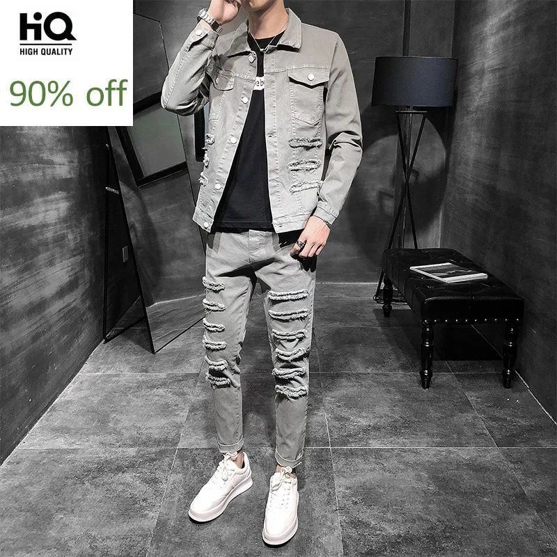 Модные мужские повседневные брюки карго размера плюс 2 шт. джинсовые комплекты в