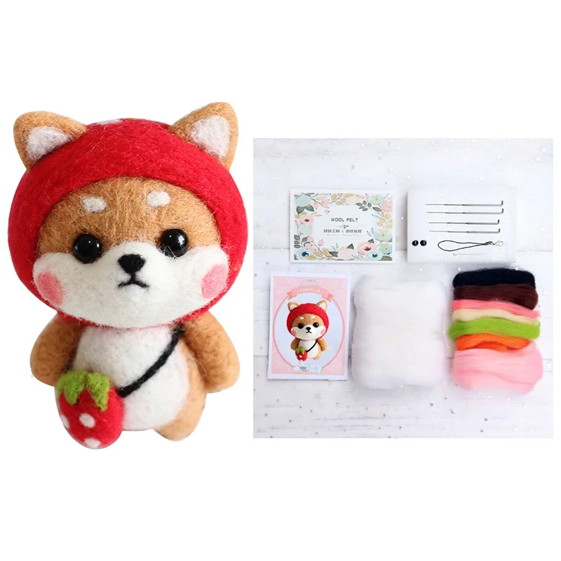 Strawberry Shiba Inu LMDZ 1 шт. несколько Подвески с изображениями животных мультфильм набор шерстяной вышитый набор Шерсть Войлок игла для валяния брелок вышивка своими руками - Цвет: Strawberry Shiba Inu