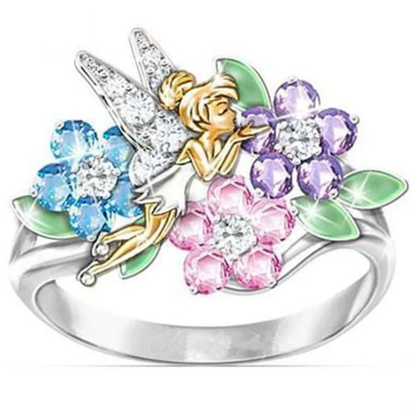 

Two-tone Colorful Crystal Floral Angel Women's Ring Party Wedding Engagement Famale Rings Jewelry Hand Accessories Size 5-10