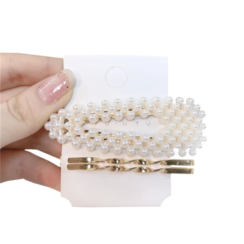 

ins Korean metal pearl hairpin set net red girl hundred arch word clip simple side clip hairpin hair accessories female