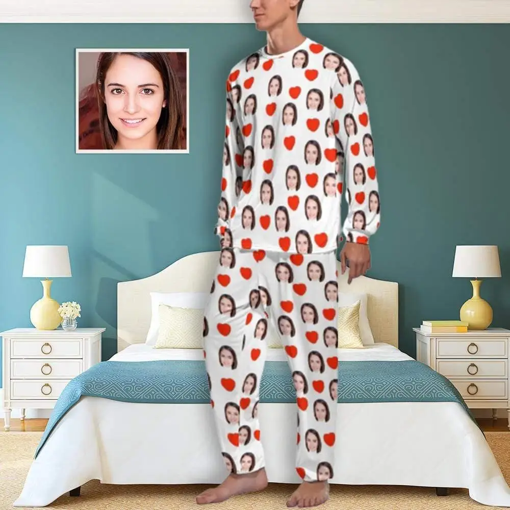 

Custom Face Love Heart White Men's Pajamas Long Sleeve Set Suit Family Clothes Home Look Tie Dye Design Personalized Indoor Soft