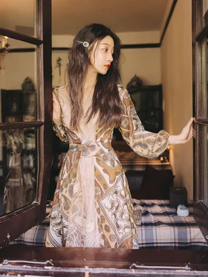 

Spring Retro Elegante Dames Embroidered Dress Full Sleeve Fake Two-piece Dress Print Patchwork Women's Long Tulle Dresses