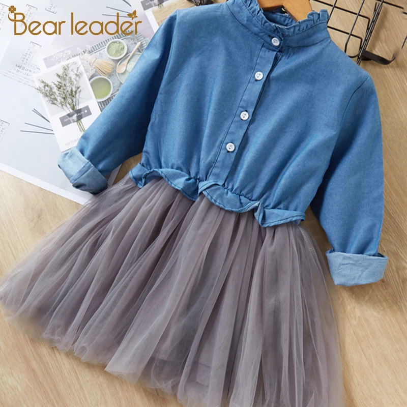 Bear Leader Girls Dress Casual Style Christmas Long Sleeve Denim Cartoon Embroidery Shirt+Mesh 2pc for Clothes | Детская одежда и