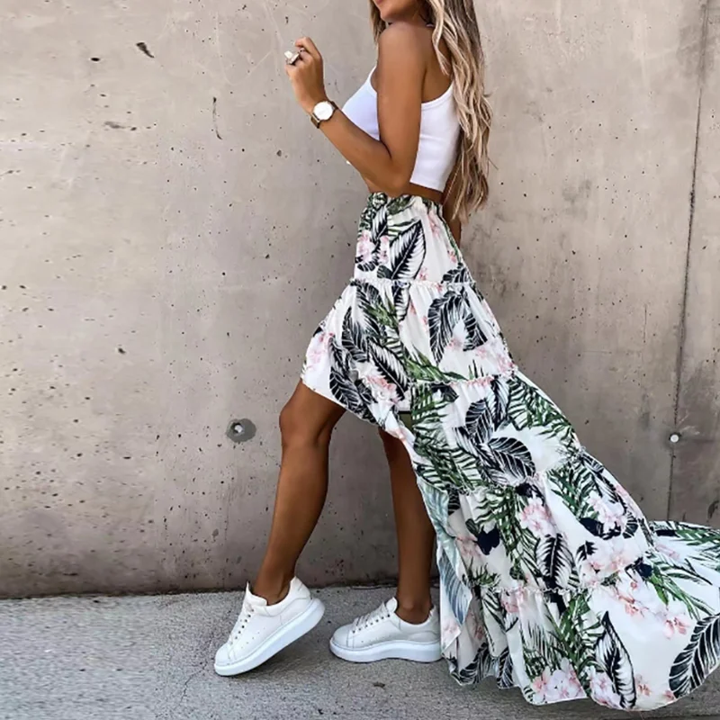 Новая летняя Женская Асимметричная длинная юбка с принтом Офисная стильная