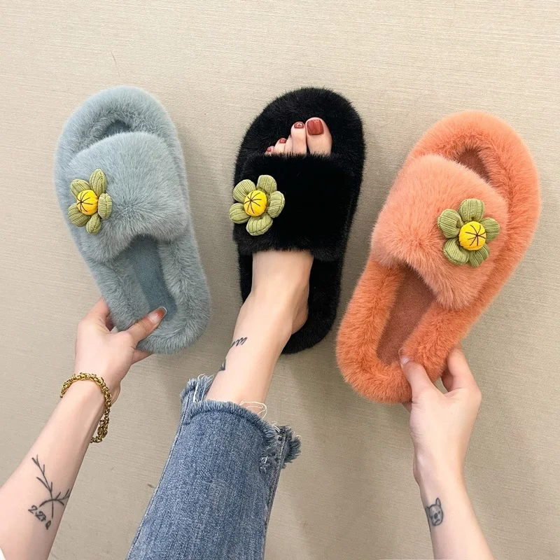 

New Korean version with flower cute flat-bottomed cotton drag net open-toe slippers for outer wear furry slides women