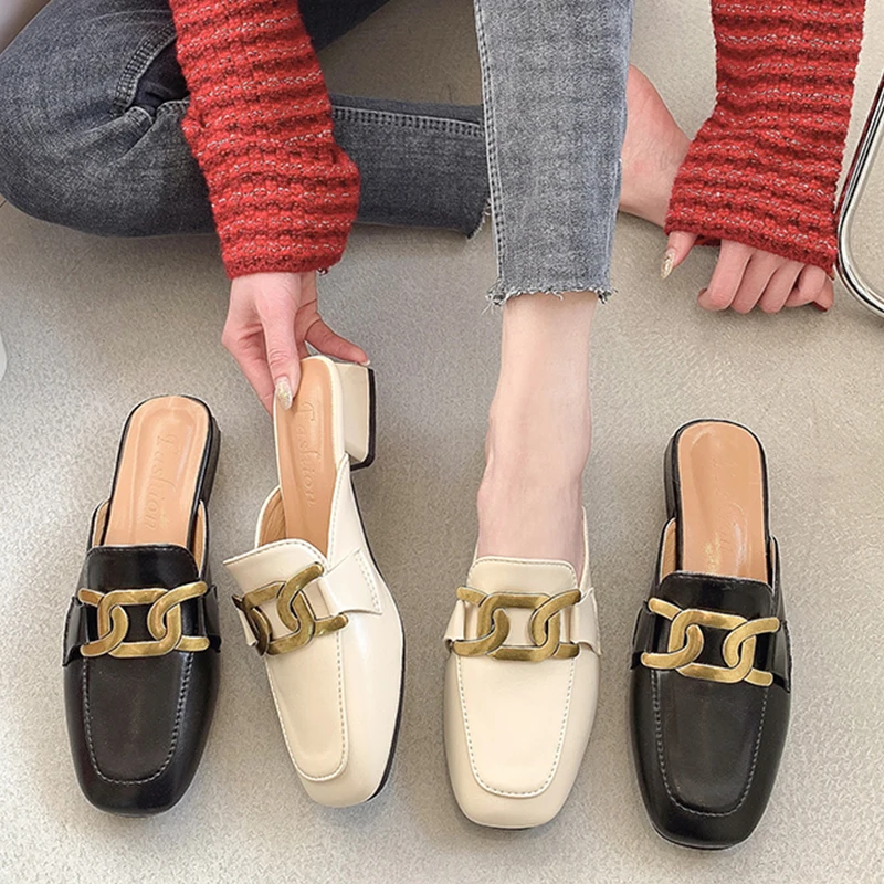 

Rivet Shoes Slippers Casual Med Mules For Women 2021 Slides Square heel Cover Toe Pantofle Luxury Block Soft New Fashion Spring
