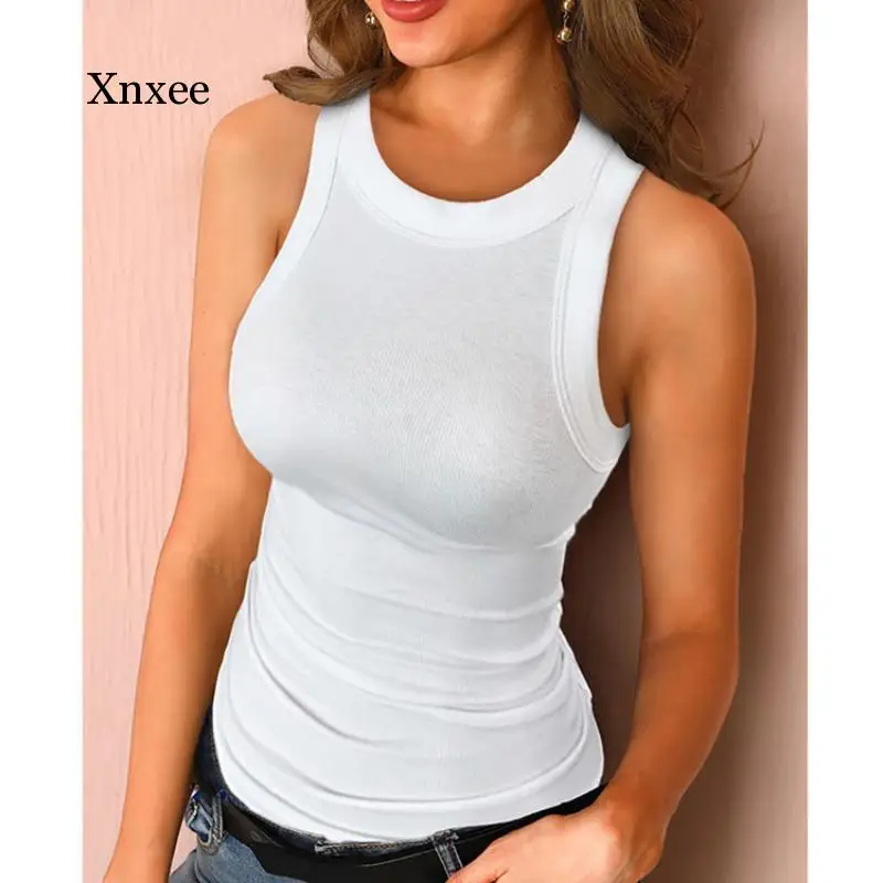 

Women Solid Round Neck Ribbed Tank Top Camisole Women Summer Basic Elastic Tank Top O Neck Solid Tank Top 2021