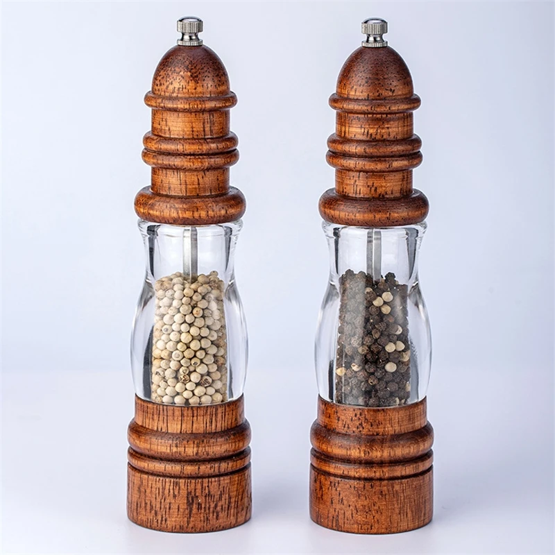 

8inch Wooden Salt and Pepper Grinder Set - Wood and Acrylic Mills, Adjustable ceramic grinder