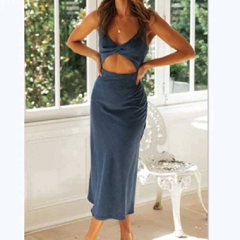 

Casual 2020 Summer Women Long Dress Fashion Elegant Hollow Out V-neck Spaghetti Straps Dress