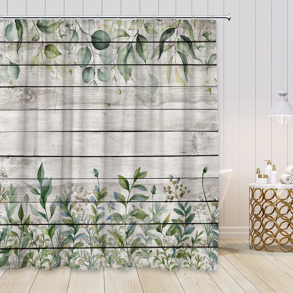 

Plant Leaves Shower Curtains Retro Gray Wood Board Green Leaf Modern Minimalist Nordic Bathroom Fabric Decor Hanging Curtain Set
