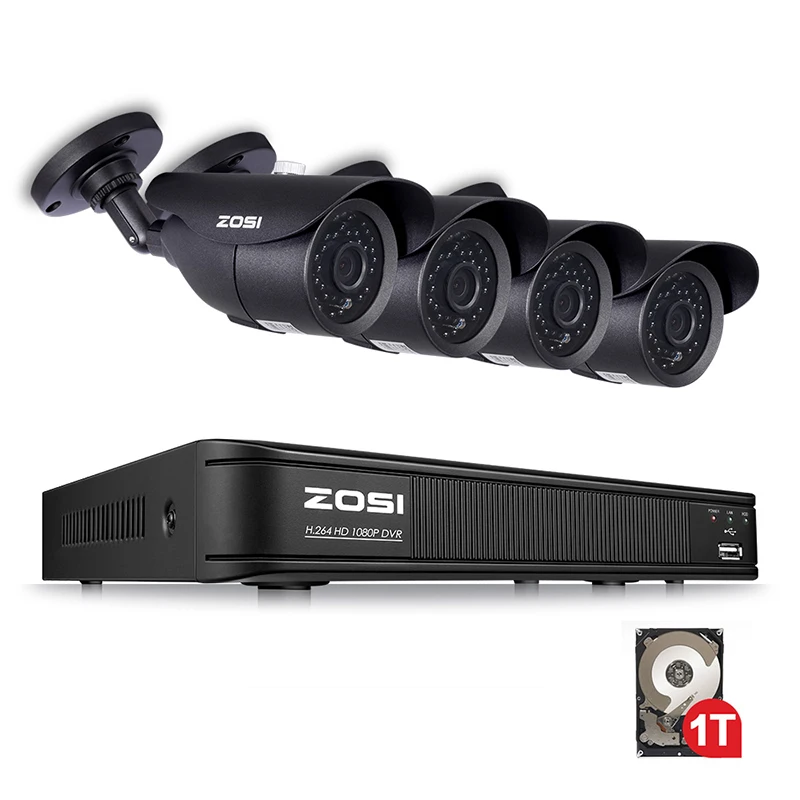 ZOSI HD 2MP система видеонаблюдения CCTV 8CH Full HD 1080P HD TVI AHD DVR комплект 1080P наружная камера безопасности цилиндрическая HDD диск - Цвет: Black