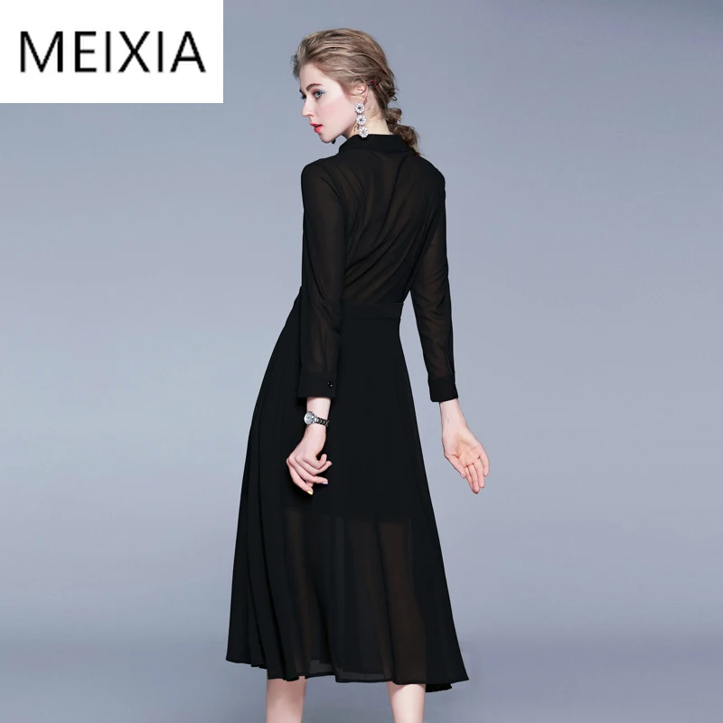 

MEIXIA 2020 Spring Women Dress Casual Stand Collar Patchwork Fake two pieces Button Pockets Fashion Loose Office Lady Dress