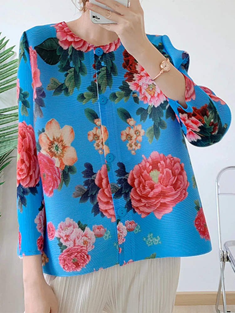 

2022 Spring Fashion Vintage Casual cardigan Women Flowers Printed Single Breasted Blue White Pink coat