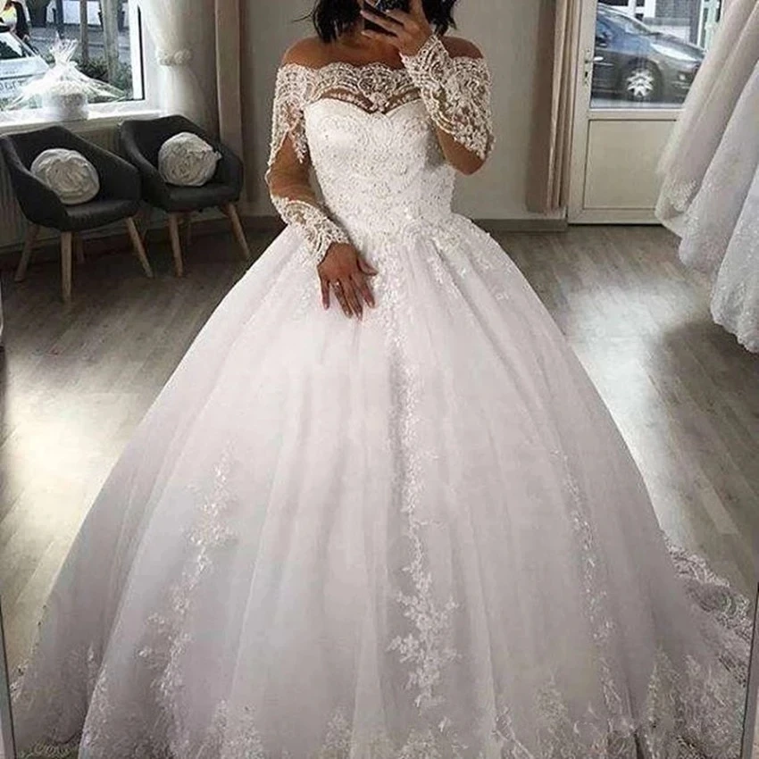 

ANGELSBRIDEP Boat-Neck Ball Gown Wedding Dresses 2021 Robe De Mariee Charming Long Sleeves Applique Tulle Formal Bride Gowns