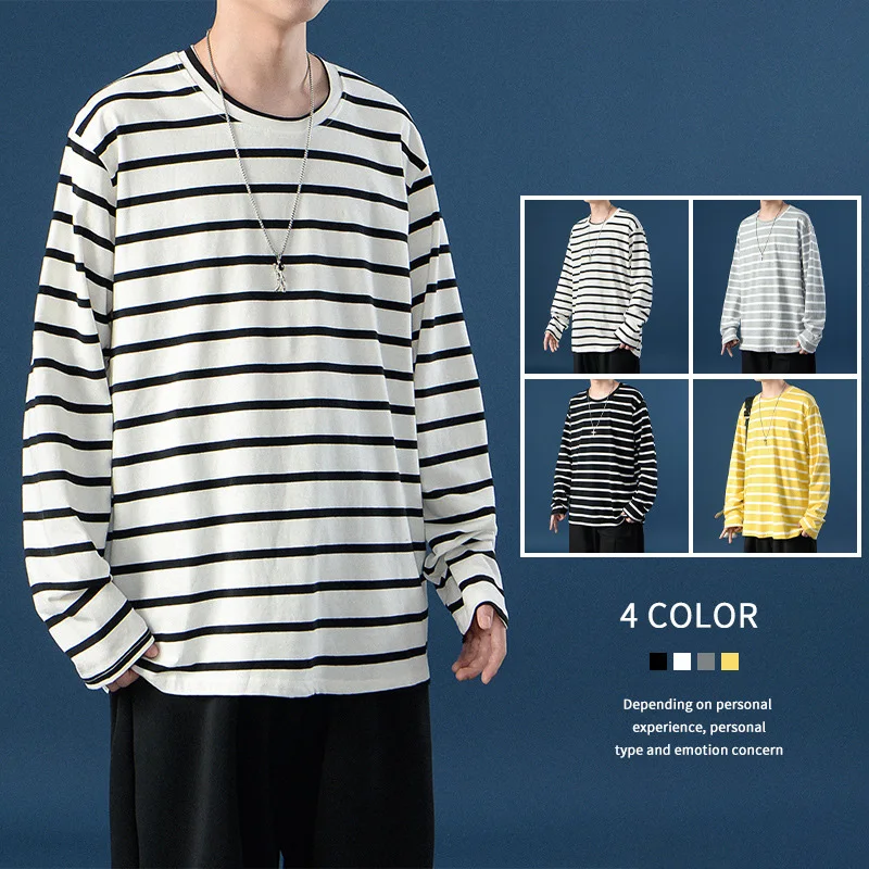 Новинка Осень 2021 свободная полосатая Мужская футболка с длинным рукавом тонкая