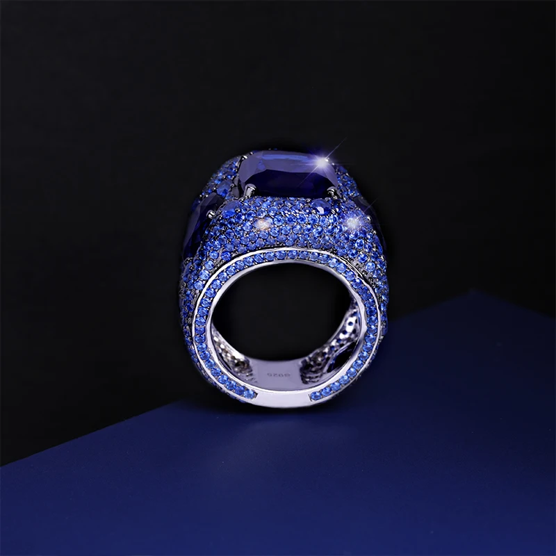 Женское большое кольцо из серебра 100% пробы с синим сапфиром и аквамарином|Кольца|