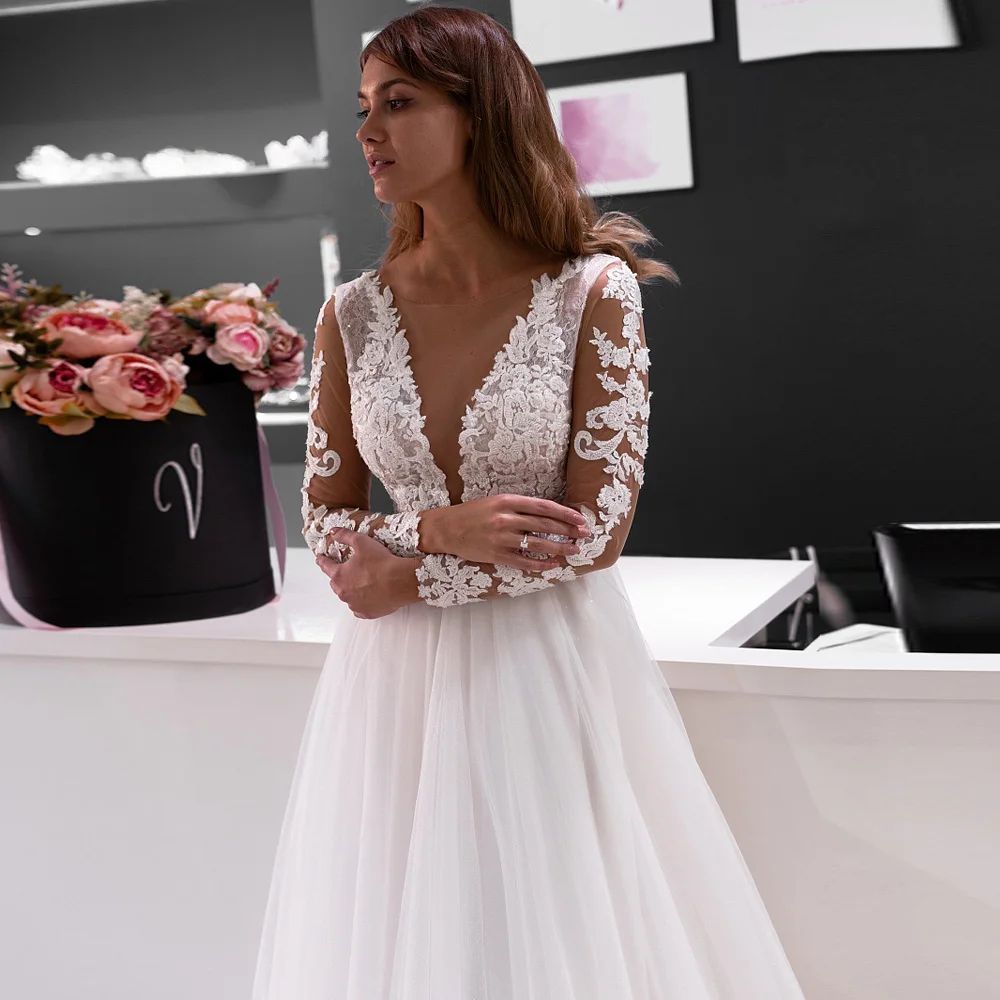 

Jiayigong Bride Dress Vestido De Casamento Long Sleeves Scoop Neck Illusion Back Wedding Dresses Robe De Mariee 2020