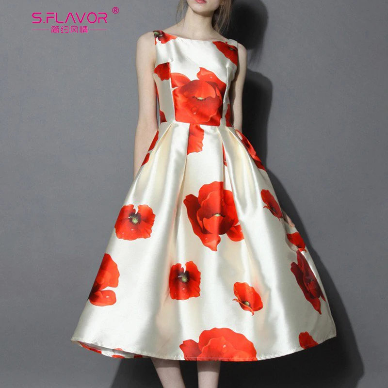 S. FLAVOR, без рукавов, с цветочным принтом, Vestidos De, женское, винтажное, тонкое, с круглым вырезом, элегантное, вечерние, Vestidos, высокое качество