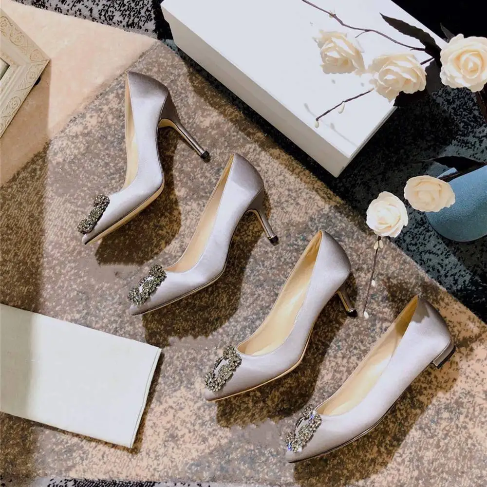 Grey silver 5cm heel Junetxin/женские туфли-лодочки со стразами; элегантные пикантные женские туфли на высоком каблуке; женская обувь с острым носком; женские туфли-лодочки из экстремальной кожи - Цвет: Grey silver 5cm heel