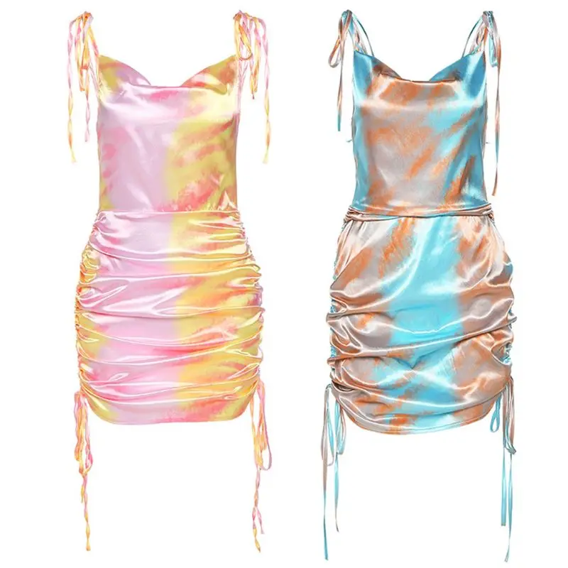 

Женское соблазнительное облегающее мини-платье на шнуровке с шелковистым принтом, с завязками и открытой спиной, Клубная одежда для вечерн...