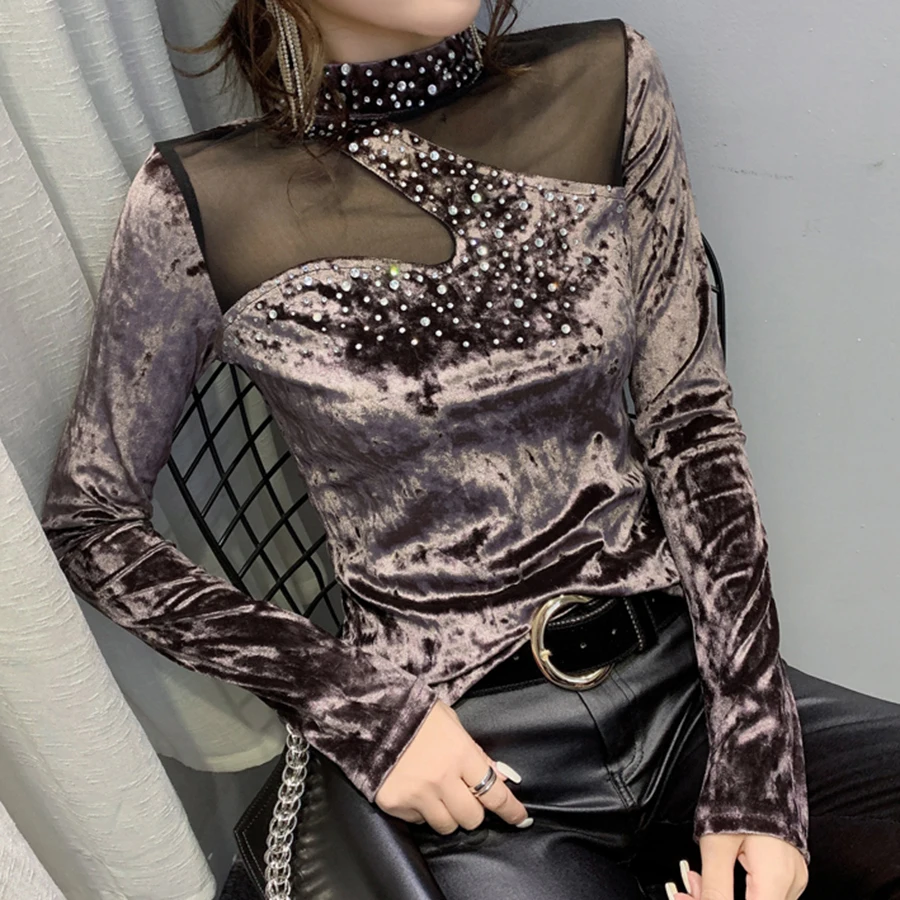 Осень зима 2019 новый дизайн Корейская рубашка с длинным рукавом и бриллиантами