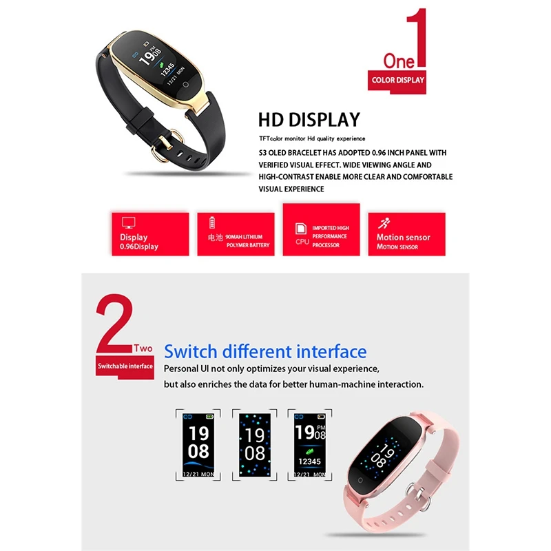 S3 Smart Watch Women Ladies Heart Rate Monitor Peeter Fitness Band Bluetooth for Android IOS Phone Black | Электроника