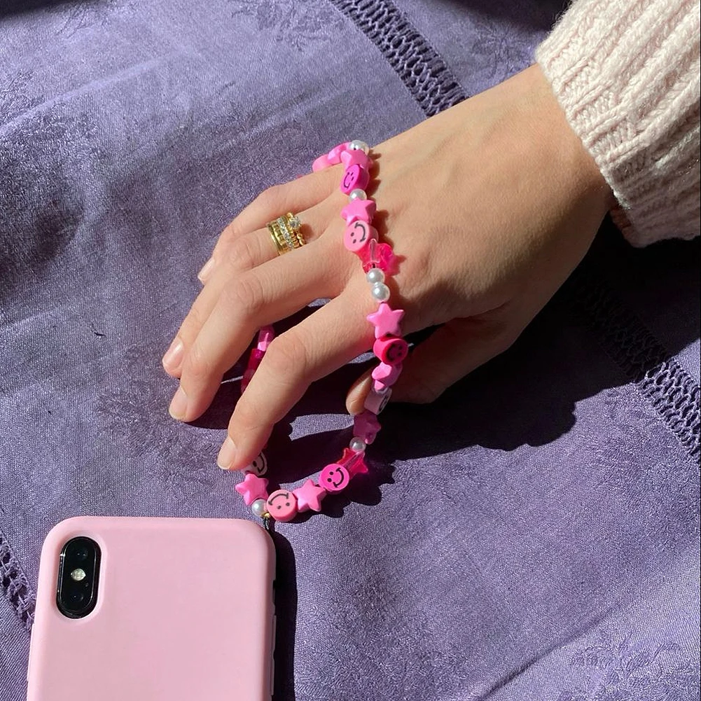 

2021 New Mobile Phone Strap Lanyard Colorful Y2K Smile Beads Pearl Soft Pottery Rope Phone Case Women Hanging Cord Beads Chain