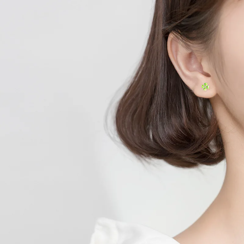 Женские серьги-гвоздики из серебра 925 пробы с 4 зелеными листьями | Украшения и