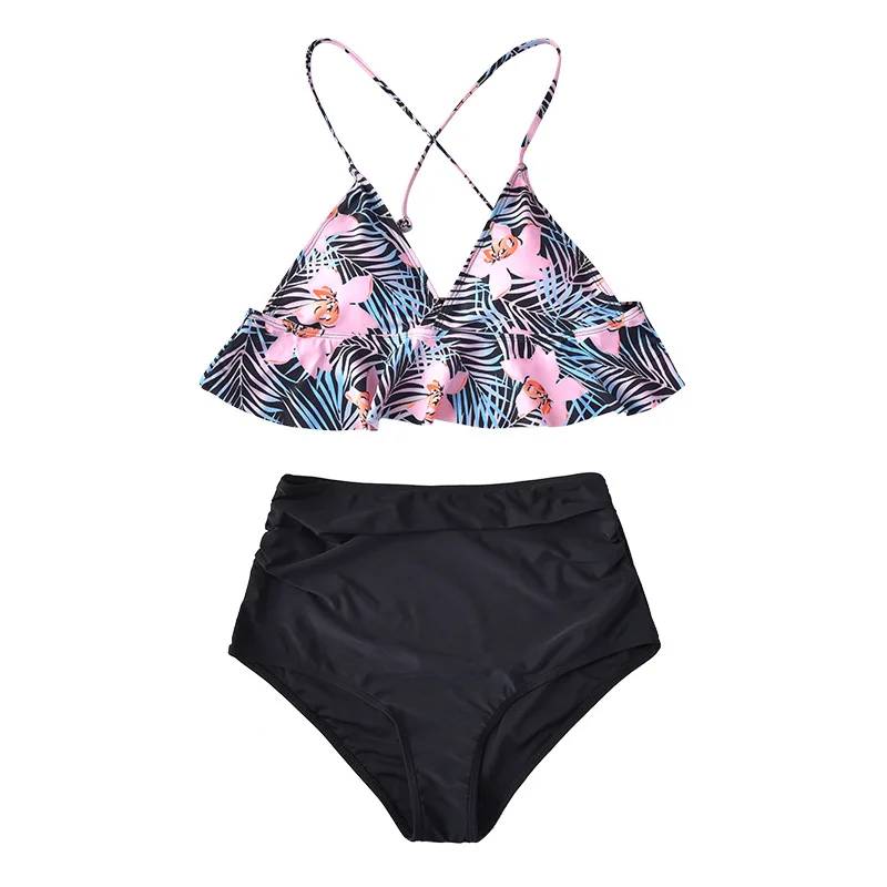 

2021 Push Up Swimwear Women High Waist Bikini Sets Ruffle Bikinis Swimsuit Halter Floral Two Piece Bikini Set Swim Wear