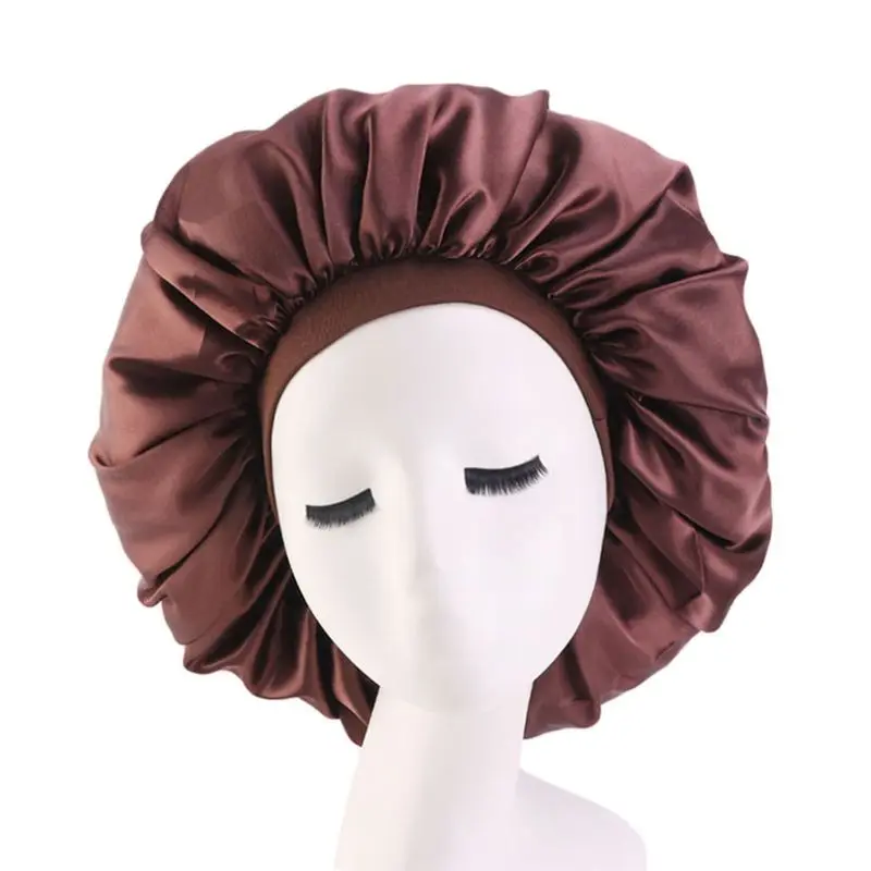 

Fashion Lady Sleep Hat Oversize Satin Nightcap Elastic Band Simulation Silk Satin Solid Color Hair Care Cap