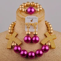 wedding jewelry fuchsia pink glass pearl necklace nigeria wedding bride wedding dress accessories banquet jewelry set sh 64
