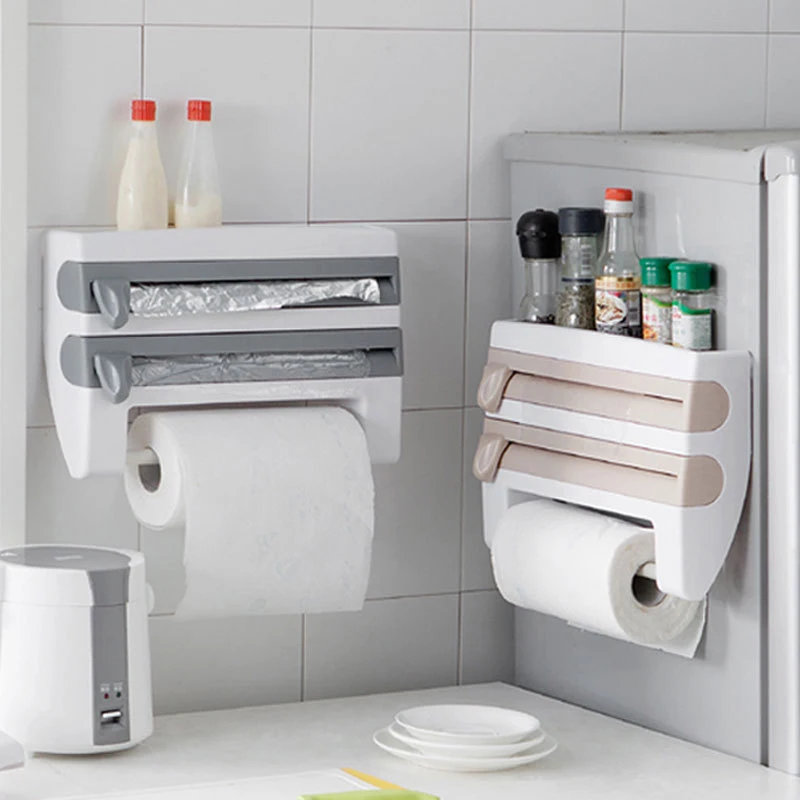 

Multifunction Kitchen Organizer Wall-mounted Tin Foil Storage Rack Preservative Film Dispenser Sauce Roll Paper Storage Box