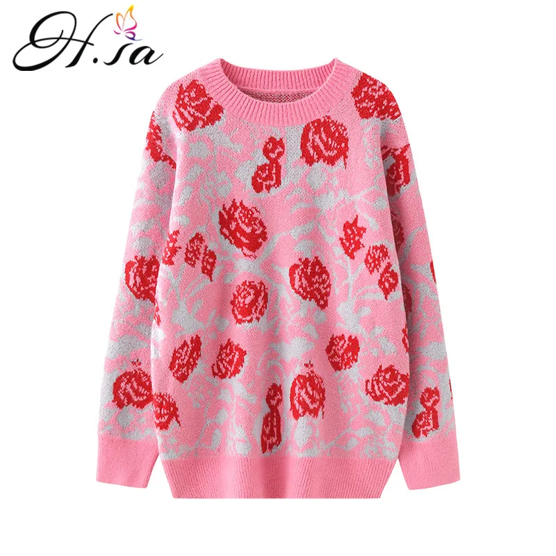 

Hsa 2020 Women Sweater and Pullovers Oneck Korean Pink Oversized Jumpers Floral Rose Sweaters Knitted Pull Femme Hiver