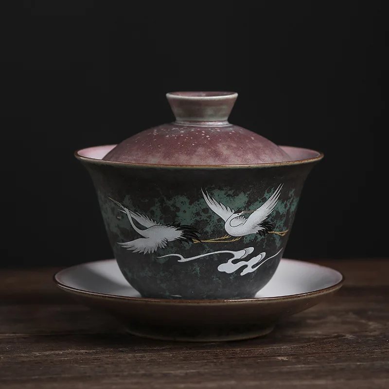 

Anti-scald Large Ceramic Retro Tea Cover Bowl with Lid Sancai Gaiwan Single Tea Bowl Hand Painted Shining Crane Cover Bowl Gift