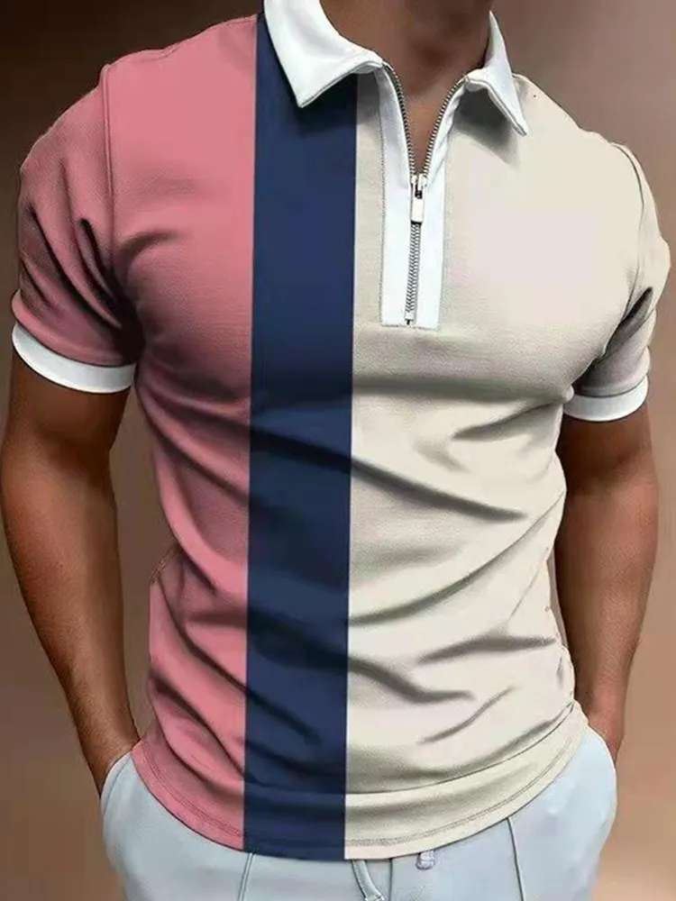 

High Quality Men Polo Shirt New Summer High Street Print Casual Short Sleeve Mens T-Shirt Turn-Down Collar Zipper Polo Shirt Men