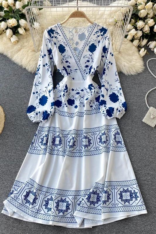 

Women's Casual Blue Floral Holiday Long Dress Summer Autumn 2021 Streetwear Boho B Neck Lantern Sleeve Dress Elegant Vestidos
