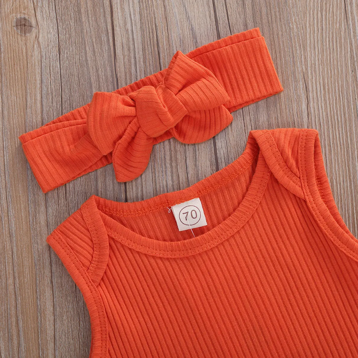 

Toddler Kid Baby Girl Summer Clothes Sleeveless Knitted Solid Romper Tops Leopard Short Headband Outfits Casual Baby Set
