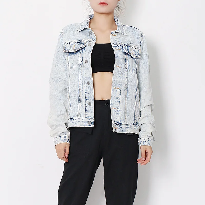Женская джинсовая куртка с дырками Классическая Свободная в стиле ретро осень