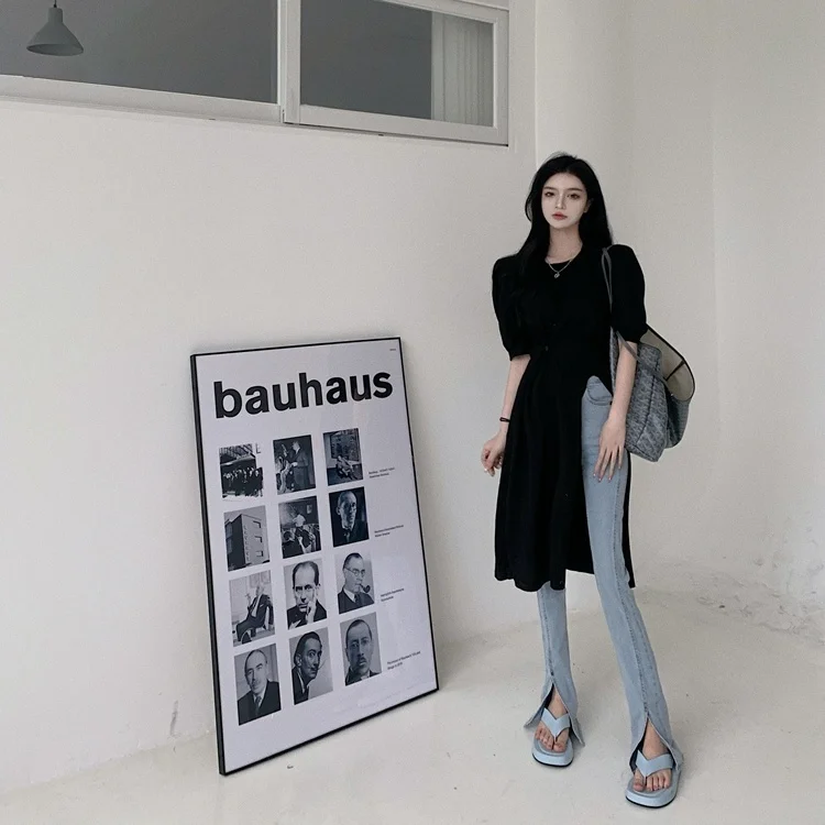 

Design Twist Split T-shirt Dress Women's Summer New Retro Crew Neck Simple All-Match Puff Sleeve Dress Fashion