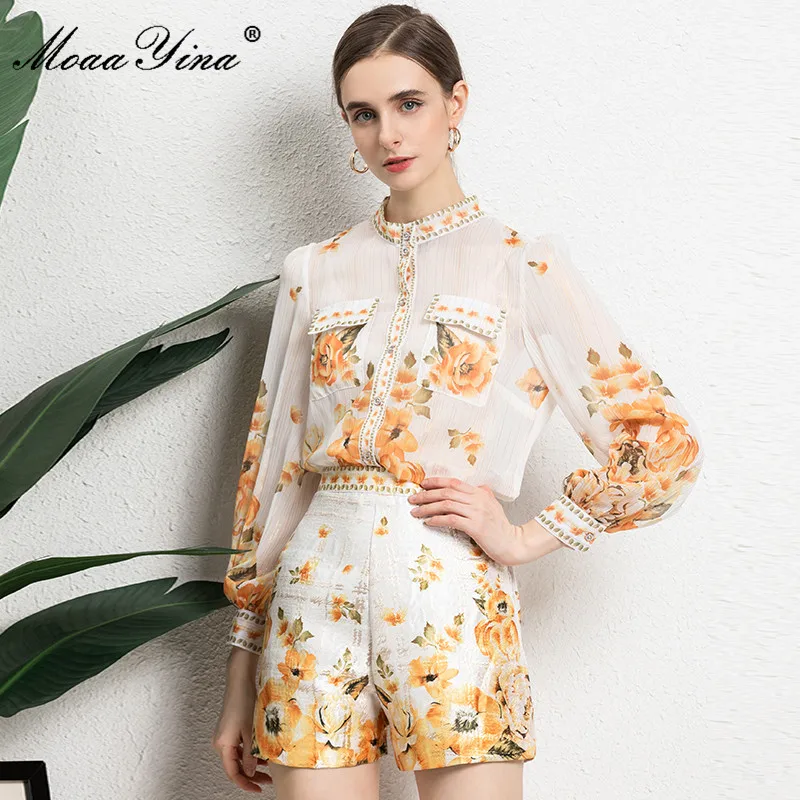 

MoaaYina Fashion Runway Summer Shorts Set Women Long sleeve Floral print Casual Blouse and Slim Shorts 2 Pieces Suit