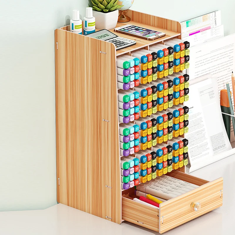 

Multi-function 16 Grids Wooden Desktop Organizer Pen Holder With Drawer 3MM Thick Plank For School Stationery Office Supplies