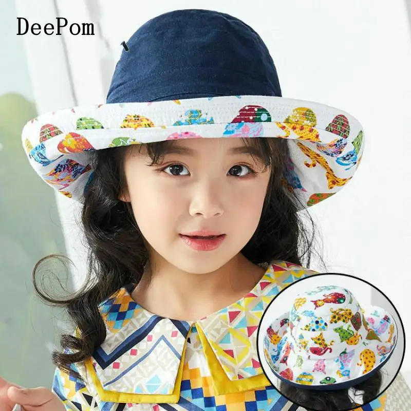 

Детская Двусторонняя Панама DeePom для девочек, детская рыболовная шляпа, хлопковая пляжная шляпа с широкими полями