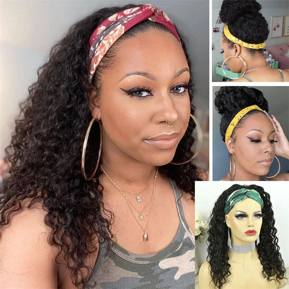 Deep Curly Human Hair Wigs for Black Women Glueless None Lace Front Wigs Brizilian Remy Hair Machine Made Headband Wig 150%D