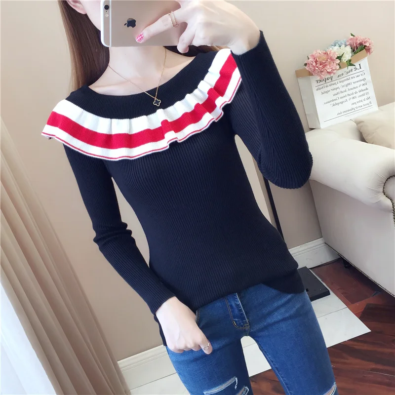 

Sweater winter 2021 new round neck sweater ruffled blouse women Black